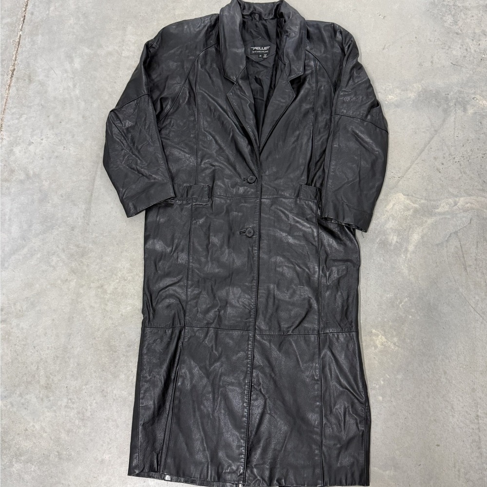 Pelle Leather Trench Coat Womens Medium Black Excellent Longline Button Front
